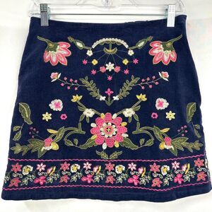 HARPER HERITAGE Navy Blue Corduroy Lined Mini‎ Skirt Floral Embroidery Womens M
